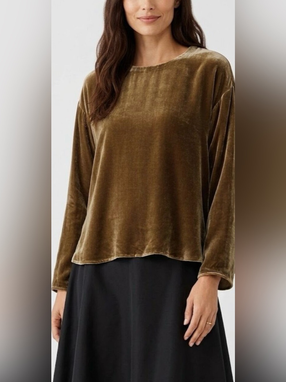 Eileen Fisher Olive Velvet Long-Sleeve Crew Top XL